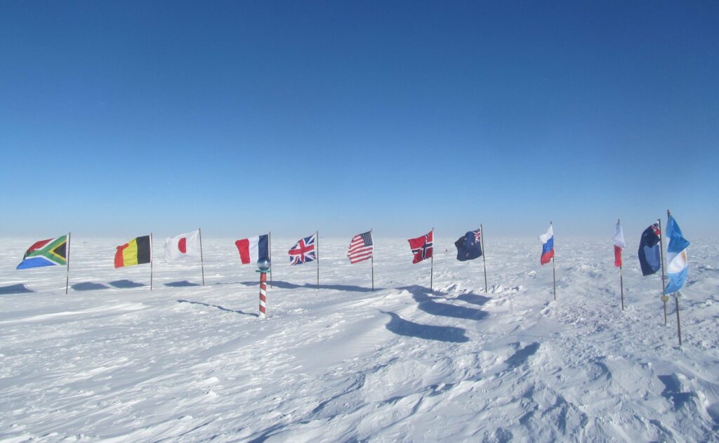 Flags of the Antarctic Treaty nations at the ceremonial South Pole